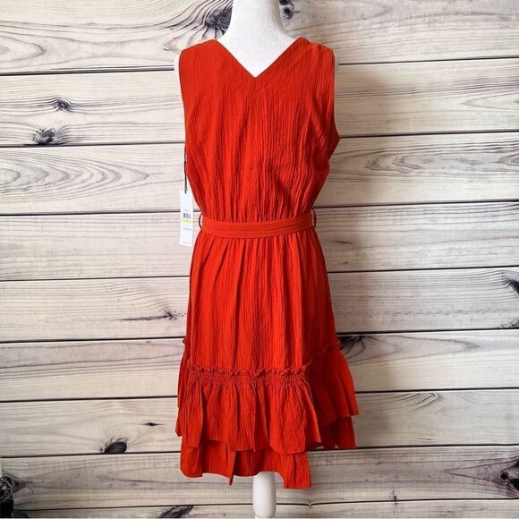 Calvin Klein Rust Orange-Red V Neck Sleeveless Ruffle Flare Dress - Picture 7 of 9